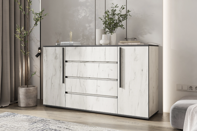 Комод Норд 2 двери 4 ящика дуб крафт белый